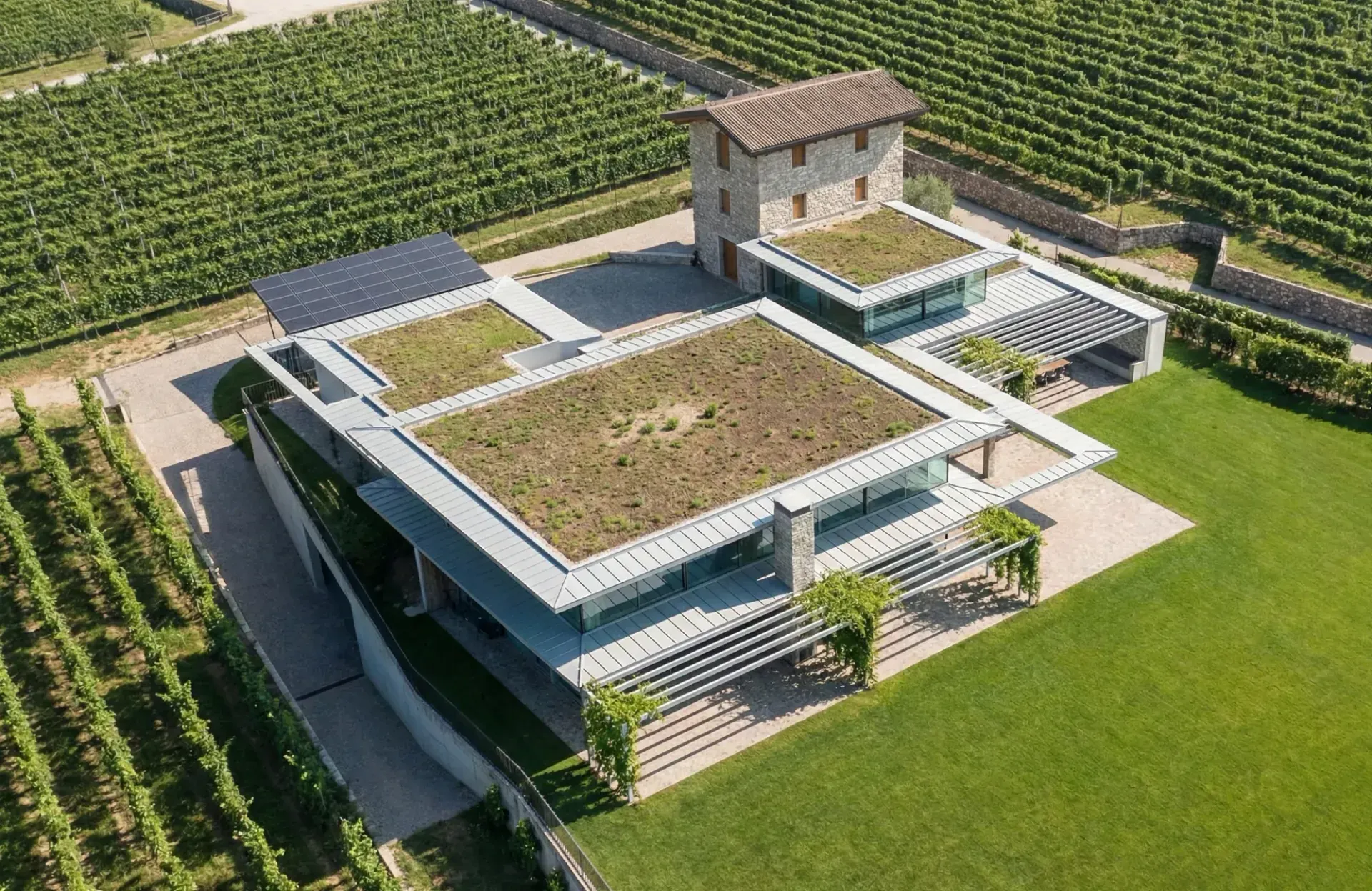 Casa a Bolognano Arco, TN, render della villa vista dall’alto tra i vigneti. Progetto di Riccardo Bandera Architetto