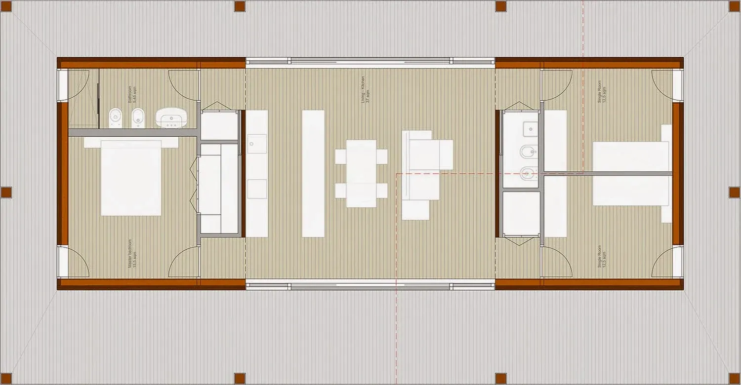 Case prefabbricate in legno a Cavallino-Treporti, VE, disegno di progetto 3. Progetto di Riccardo Bandera Architetto