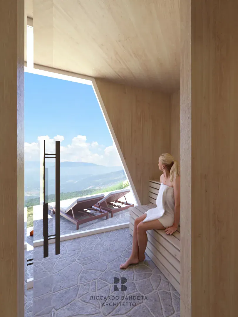 Chalet Pinocchio: hotel in legno a Brentonico, TN, render 3. Progetto di Riccardo Bandera Architetto