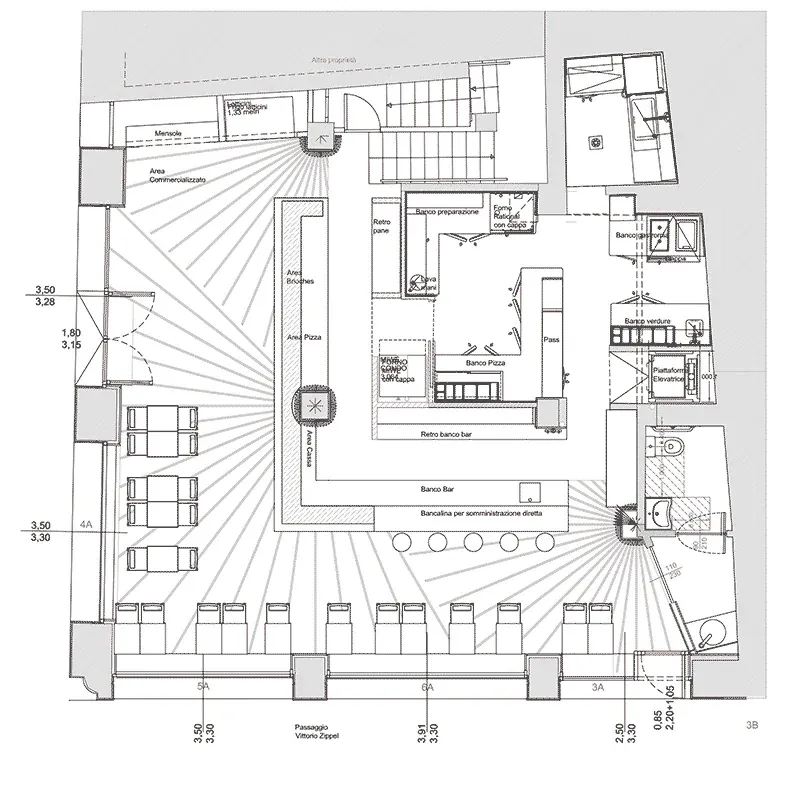 Panificio Moderno in Piazza Lodron: bar e ristorazione in centro a Trento, TN, disegno di progetto 1. Progetto di Riccardo Bandera Architetto