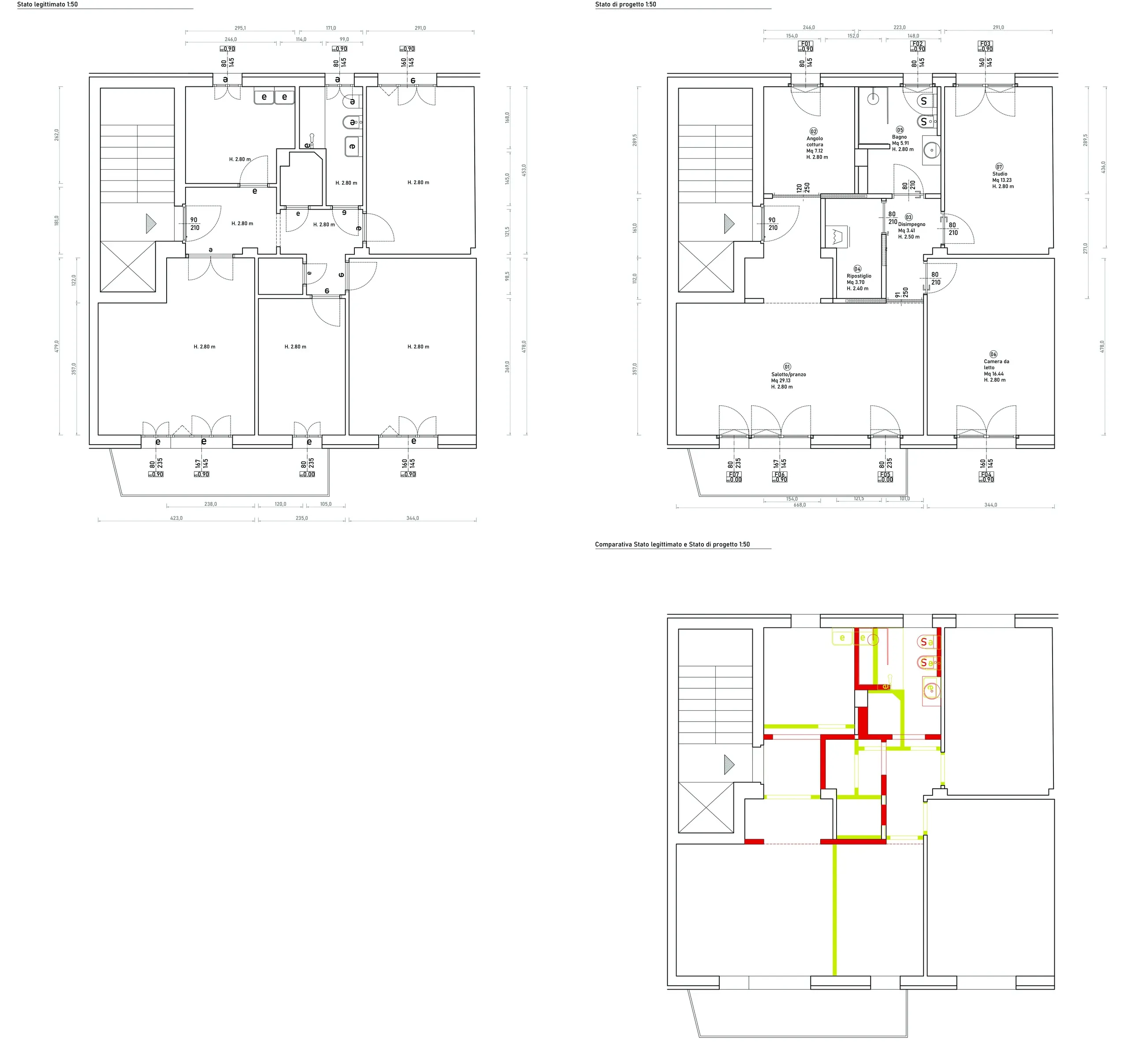 Ristrutturazione di interni a Mestre, VE, piante dello stato legittimato, dello stato di progetto e comparativa. Progetto di Riccardo Bandera Architetto
