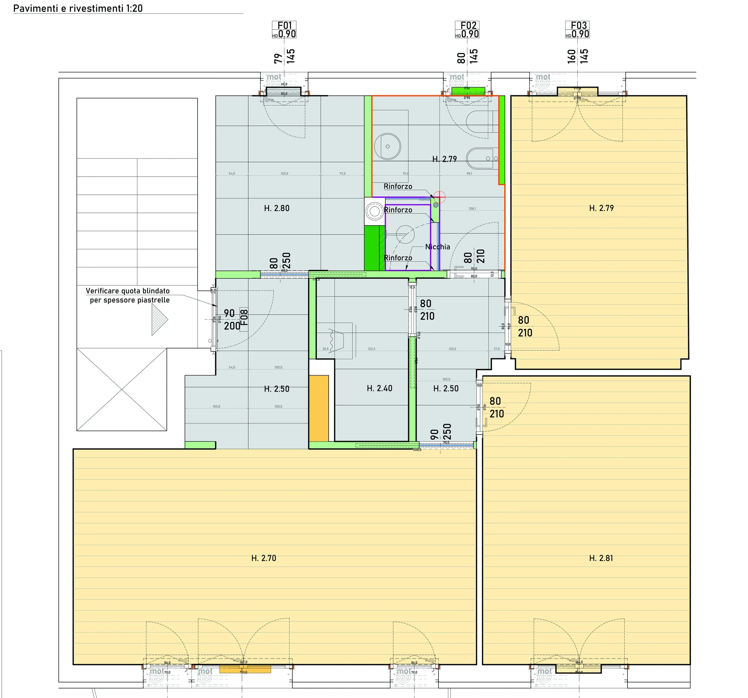 Ristrutturazione di interni a Mestre, VE, pianta di pavimenti e rivestimenti. Progetto di Riccardo Bandera Architetto