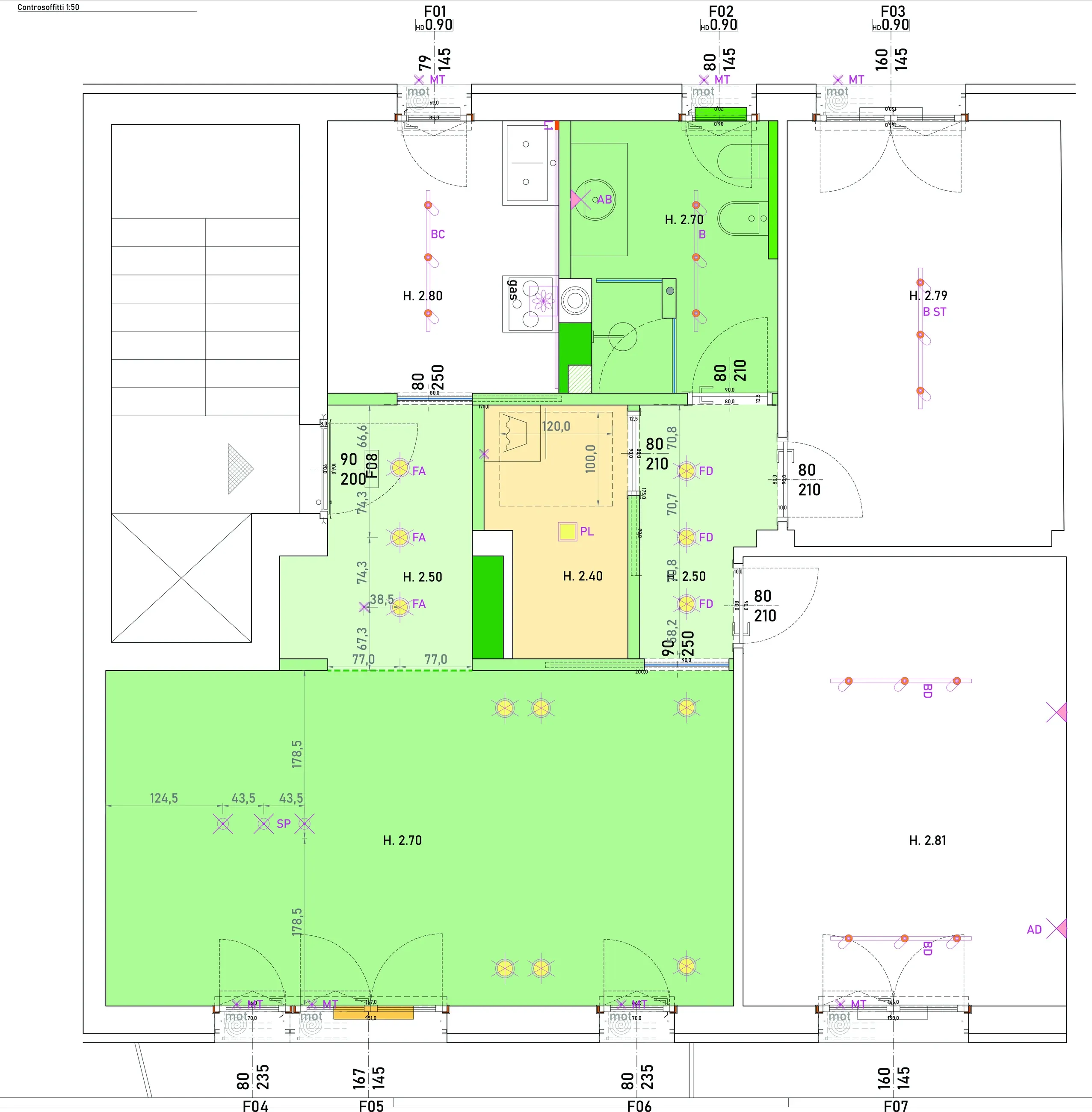 Ristrutturazione di interni a Mestre, VE, pianta dei controsoffitti e delle luci. Progetto di Riccardo Bandera Architetto